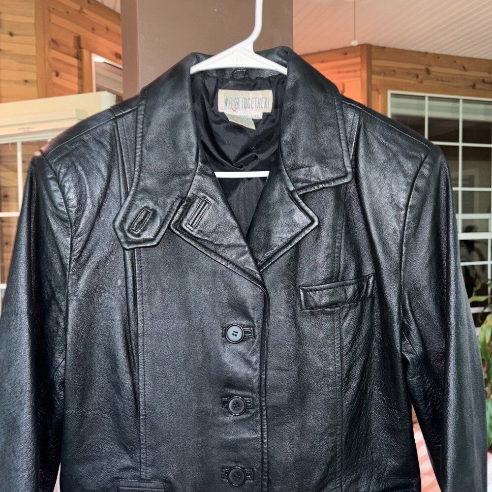 Leather Jacket Women L Size 12 Black Button Down Warm Pristine Biker Moto 50’s - Picture 9 of 13